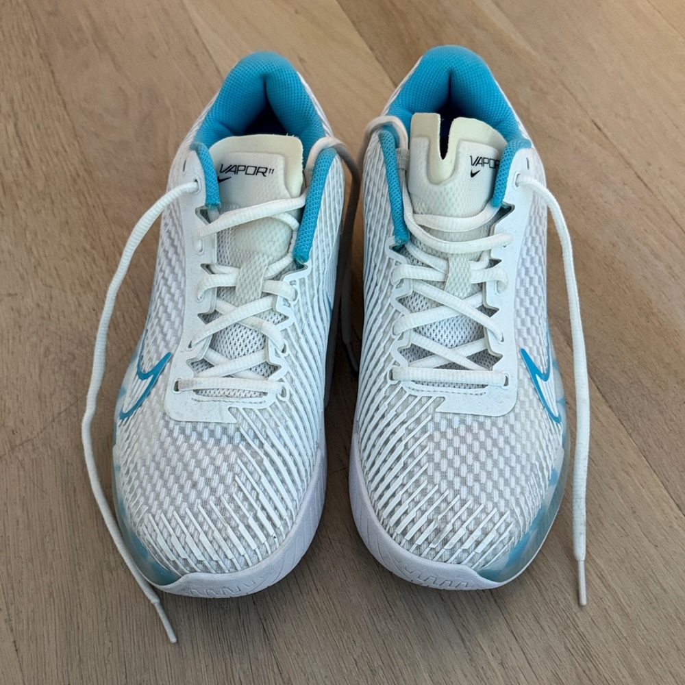 Nike Vapor 11 White and Light Blue Athletic Shoes